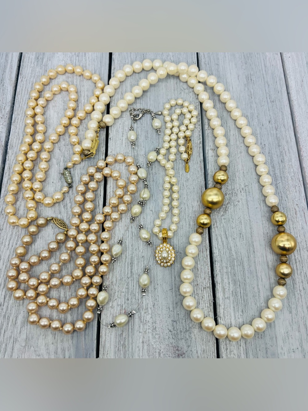 513. Lot of 5 Vintage Faux Pearl Necklaces - One=Napier and Romans Pendant
